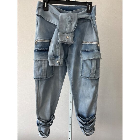 Y2K Cargo Jogger Jeans  L Light Wash Denim Utility Shirt Tie Waist Pockets Edgy - Picture 1 of 14